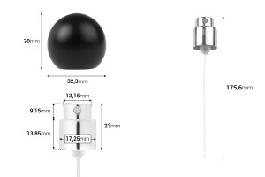 Sprühflasche mit mattschwarzer, kugelförmiger (kleiner) Kappe für Parfümflaschen mit 15-mm-Sicherheitsverschluss-εικόνα_διαστάσεις