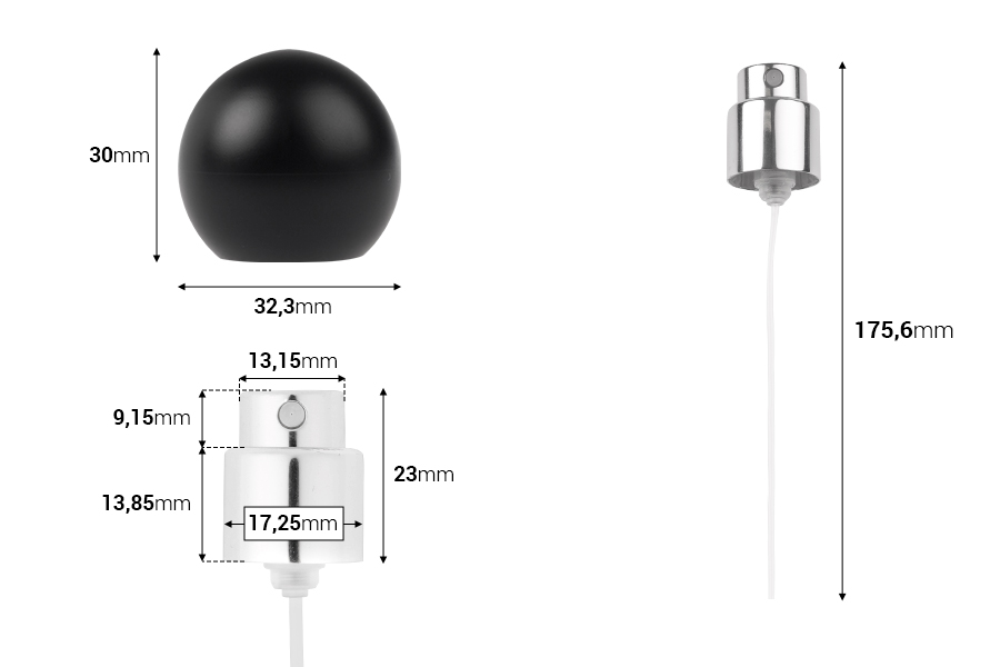 Sprej me kapak sferik mat të zi (të vogël) për shishe parfumi me mbyllje sigurie crimp 15 mm.     -imazh_dimensione