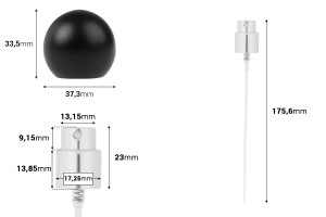 Set – Aluminium-Sprühkopf und schwarze Kugelkappe (groß) für Flaschen mit 15/400-Auslauf-bildabmessungen