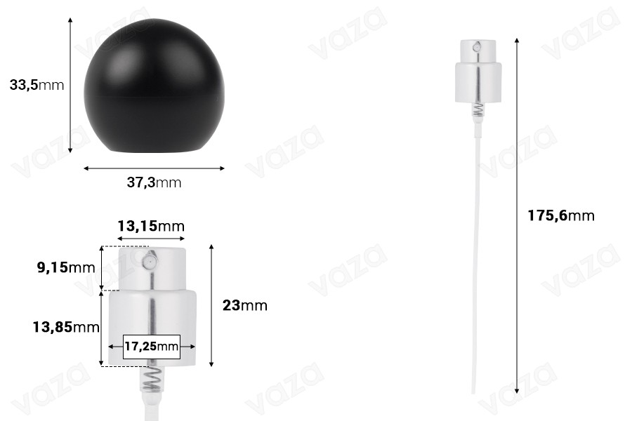 Set - spruzzatore in alluminio e tappo sferico nero (grande) per flaconi con beccuccio 15/400 Set - spruzzatore in alluminio e tappo sferico nero (grande) per flaconi con beccuccio 15/400-dimensioni_immagine