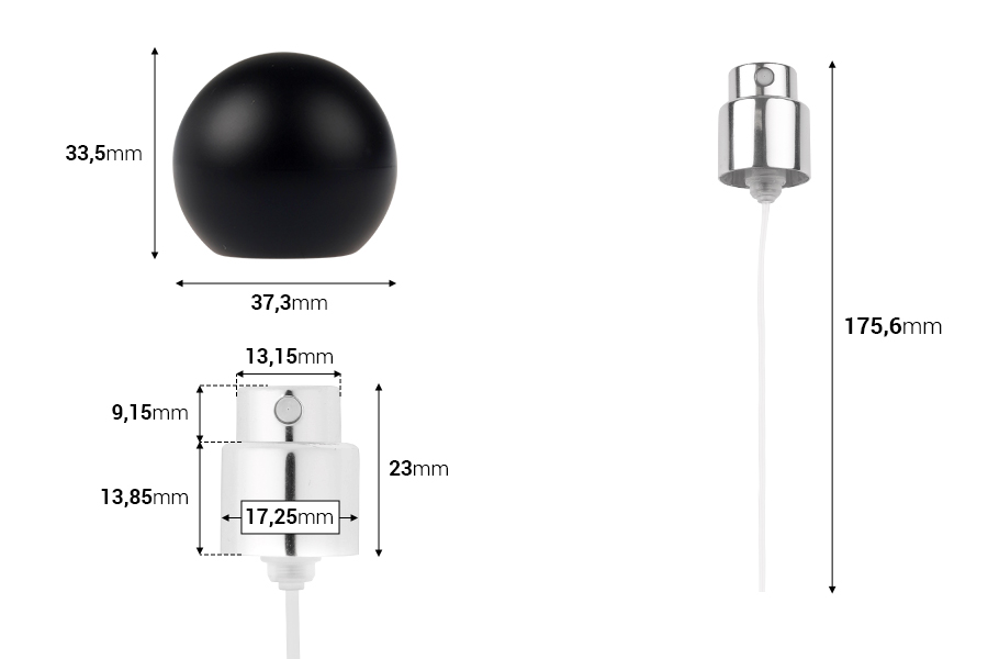Sprej me kapak sferik mat të zi (të madh) për shishe parfumi me mbyllje sigurie crimp 15 mm.   -imazh_dimensione