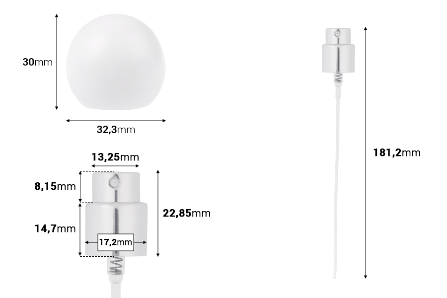 Ensemble - vaporisateur en aluminium et bouchon sphérique blanc (petit) pour flacons à bec verseur 15/400-photo_dimensions