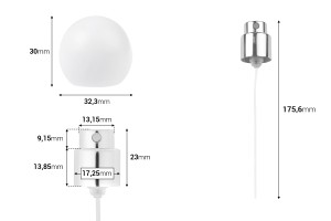 Sprühflasche mit weißer, matter, kugelförmiger (kleiner) Kappe für Parfümflaschen mit 15-mm-Bördelverschluss-εικόνα_διαστάσεις