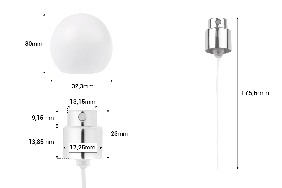 Sprej me kapak sferik mat të bardhë (të vogël) për shishe parfumi me mbyllje sigurie crimp 15 mm.      -imazh_dimensione