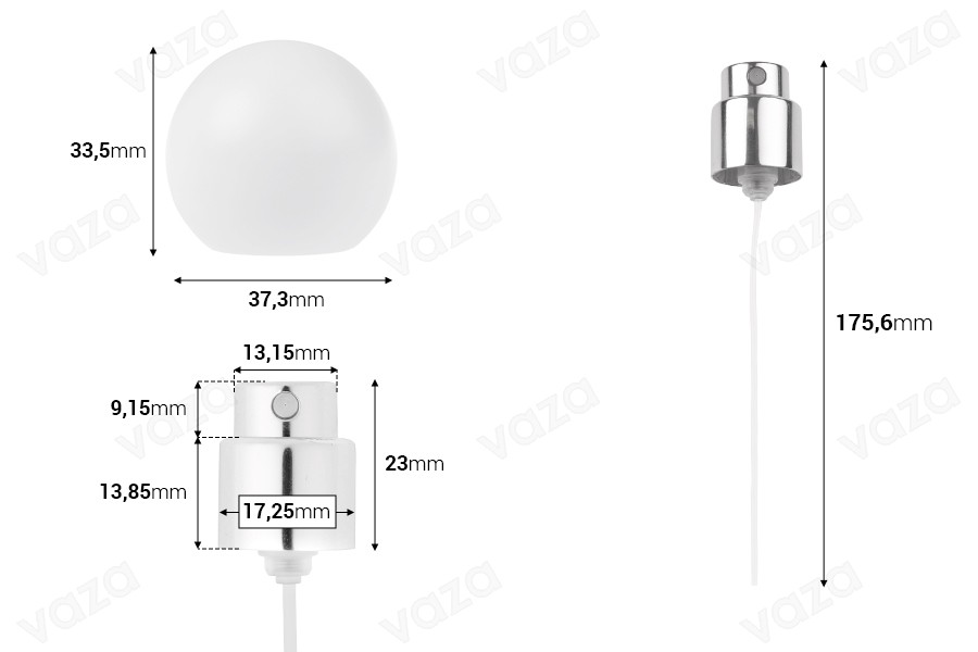 Spray with white matte spherical (big) cap for perfume bottles with 15 mm crimp safety closure-image_dimensions