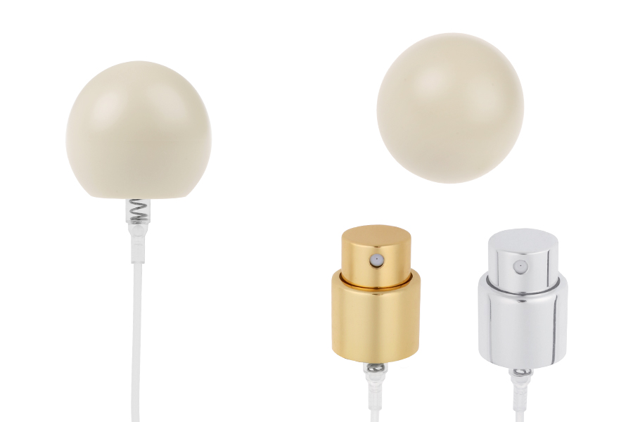 Ensemble - vaporisateur en aluminium et bouchon sphérique beige (petit) pour flacons à bec verseur 15/400-photo_produit