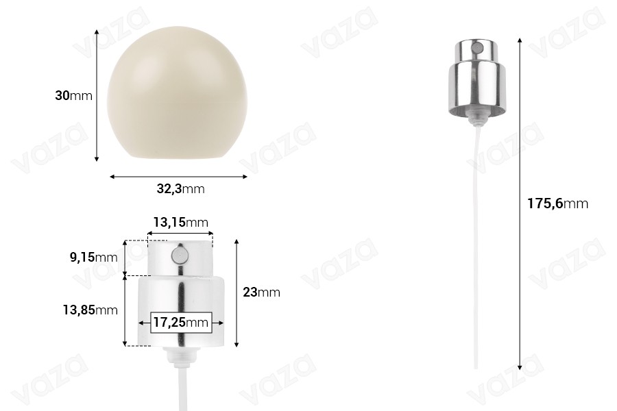 Spray with beige matte spherical (small) cap for perfume bottles with 15 mm crimp safety closure-image_dimensions