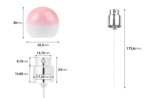 Vaporisateur avec capuchon sphérique (petit modèle) à dégradé rose pour flacons de parfum à sertir de sécurité de 15 mm-εικόνα_διαστάσεις