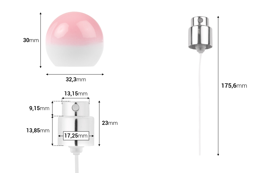 Σπρέι με ροζ ντεγκραντέ σφαιρικό (μικρό) καπάκι για φιάλες αρωμάτων με κλείσιμο ασφαλείας crimp 15 mm-εικόνα_διαστάσεις