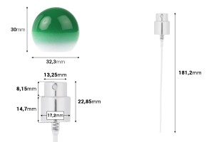 Ensemble - vaporisateur en aluminium et bouchon sphérique vert (petit) pour flacons à bec verseur 15/400-εικόνα_διαστάσεις