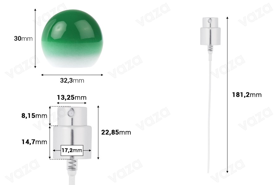 Ensemble - vaporisateur en aluminium et bouchon sphérique vert (petit) pour flacons à goulot 15/400 Ensemble - vaporisateur en aluminium et bouchon sphérique vert (petit) pour flacons à goulot 15/400-photo_dimensions