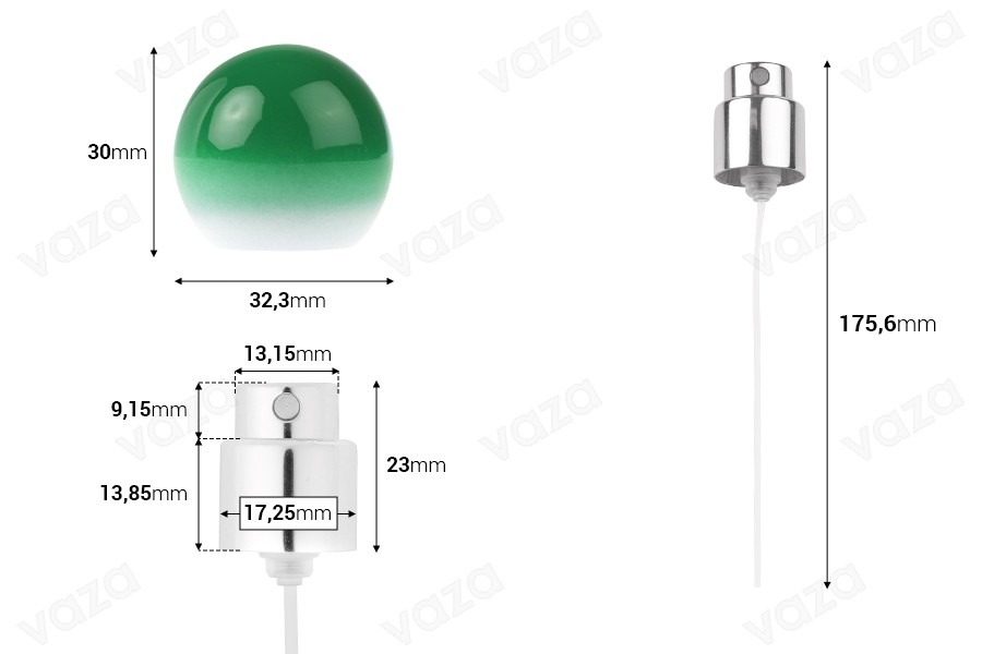 Vaporisateur avec capuchon sphérique (petit modèle) à dégradé vert pour flacons de parfum à sertir de sécurité de 15 mm Vaporisateur avec capuchon sphérique (petit modèle) à dégradé vert pour flacons de parfum à sertir de sécurité de 15 mm-photo_dimensions