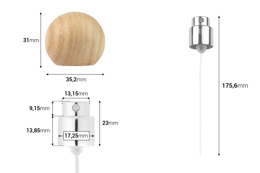 Spray with wooden (light) spherical cap for perfume bottles with 15 mm crimp safety closure-image_dimensions