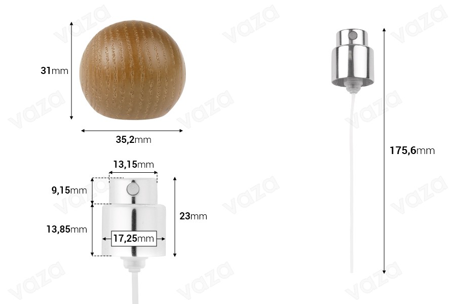 Spray with wooden (dark) spherical cap for perfume bottles with 15 mm crimp safety closure-image_dimensions