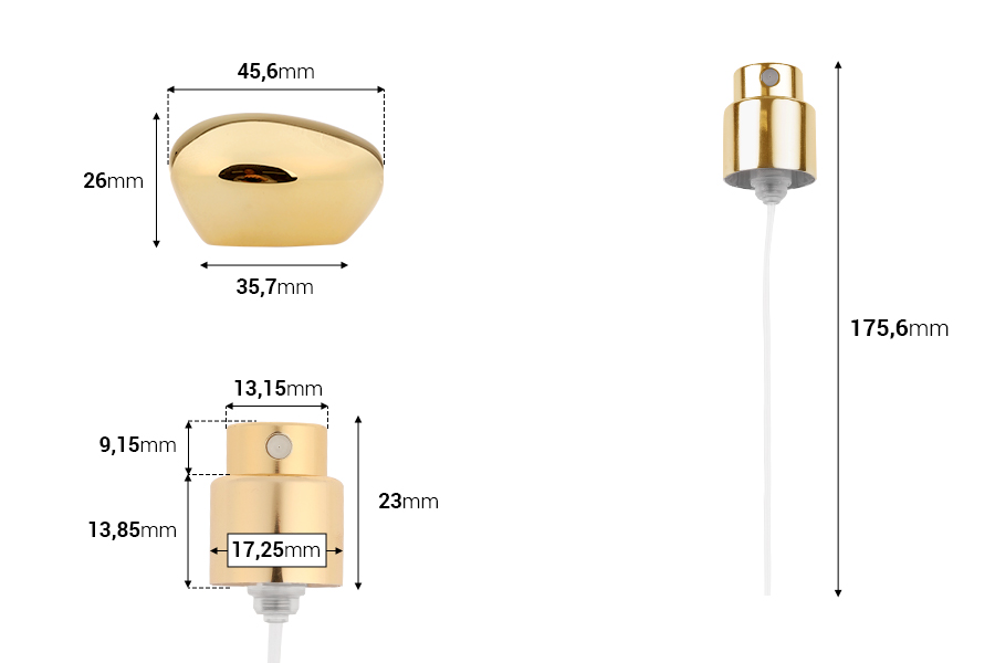 Sprej me kapak luksoz ngjyrë ari për shishe parfumi me mbyllje sigurie crimp 15 mm. Sprej me kapak luksoz ngjyrë ari për shishe parfumi me mbyllje sigurie crimp 15 mm. -imazh_dimensione