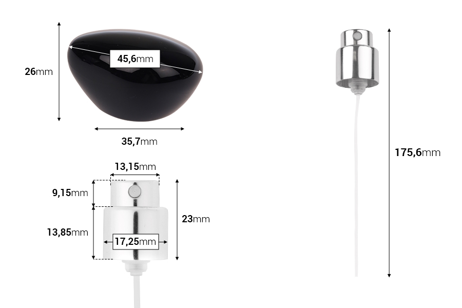 Sprej me kapak luksoz të zi për shishe parfumi me mbyllje sigurie 15 mm me krehje. Sprej me kapak luksoz të zi për shishe parfumi me mbyllje sigurie 15 mm me krehje.-imazh_dimensione