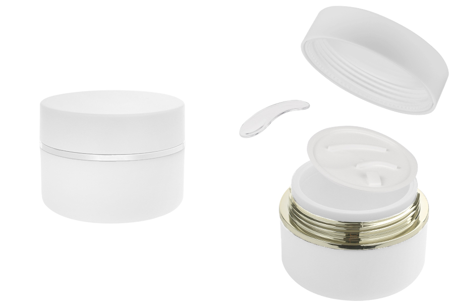 Kavanoz plastik (PP) 50 ml për krem në ngjyrë të bardhë MAT me kapak të bardhë MAT, lugë dhe guarnicion plastik-imazh_produkt