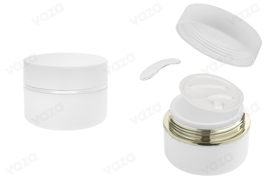 Kunststofftiegel (PP) 50 ml für Creme in der Farbe weiß MAT mit weißem MAT-Deckel, Löffel und Kunststoffdichtung-produktbild