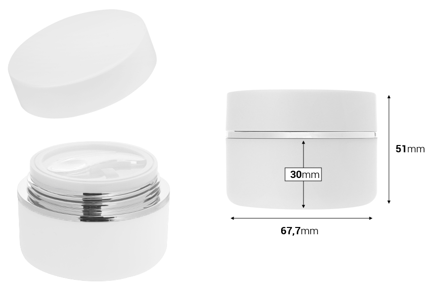 Kavanoz plastik (PP) 50 ml për krem në ngjyrë të bardhë MAT me kapak të bardhë MAT, lugë dhe guarnicion plastik-imazh_dimensione