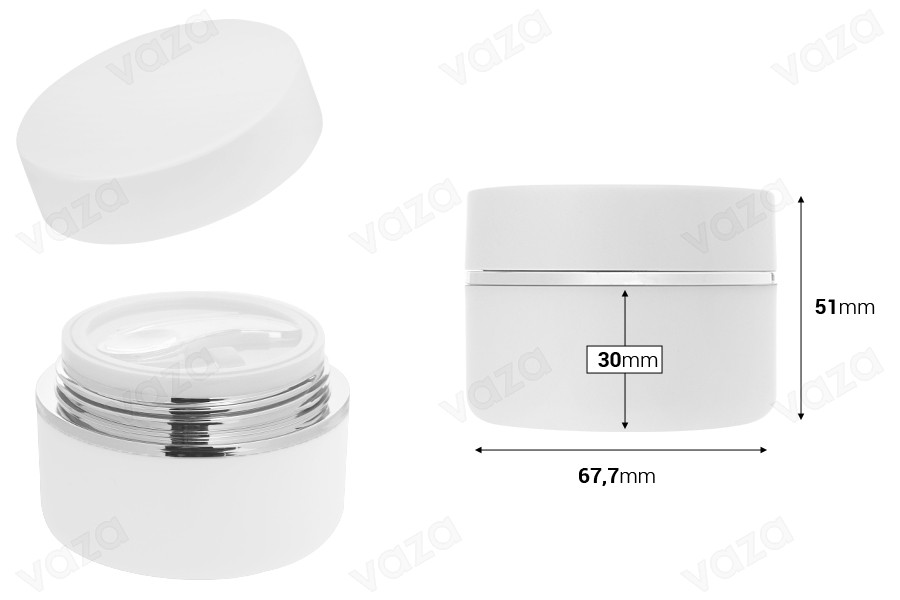 Kunststofftiegel (PP) 50 ml für Creme in der Farbe weiß MAT mit weißem MAT-Deckel, Löffel und Kunststoffdichtung-bildabmessungen