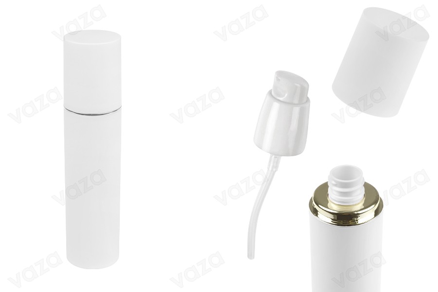 100-ml-Flasche in Mattweiß mit silbernem oder goldenem Streifen, mit Cremepumpe und mattweißem Verschluss 100-ml-Flasche in Mattweiß mit silbernem oder goldenem Streifen, mit Cremepumpe und mattweißem Verschluss-produktbild