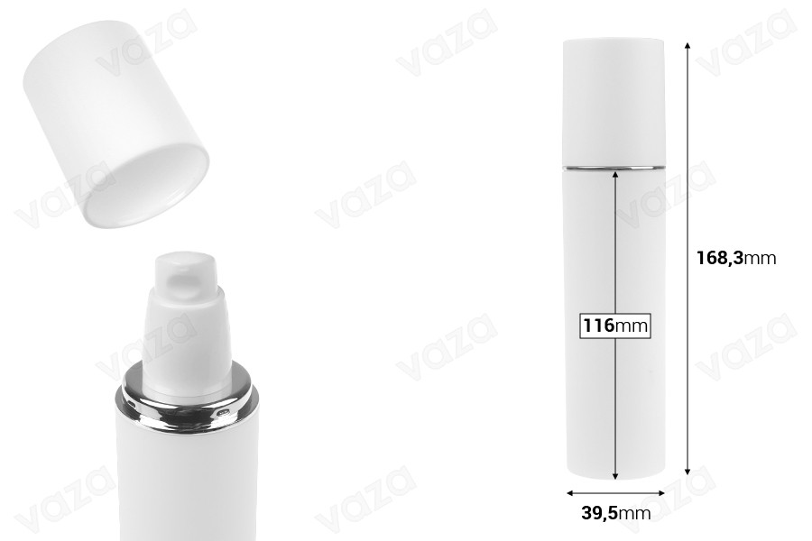 100-ml-Flasche in Mattweiß mit silbernem oder goldenem Streifen, mit Cremepumpe und mattweißem Verschluss 100-ml-Flasche in Mattweiß mit silbernem oder goldenem Streifen, mit Cremepumpe und mattweißem Verschluss-bildabmessungen