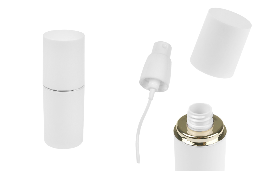 Flacone da 30 ml di colore bianco OPACO con striscia argento o oro, con spray e tappo bianco OPACO-immagine_prodotto