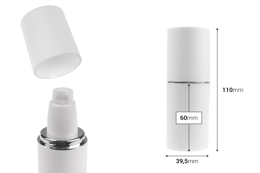 30 ml bottle in white MATTE color with silver or gold stripe, with cream pump and white MATTE cap-image_dimensions