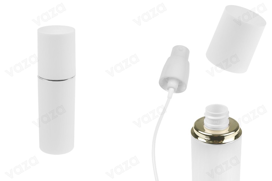 Μπουκαλάκι 50 ml σε λευκό ΜΑΤ χρώμα με ασημί ή χρυσή ρίγα, με σπρέι και λευκό ΜΑΤ καπάκι-εικόνα_προϊοντική