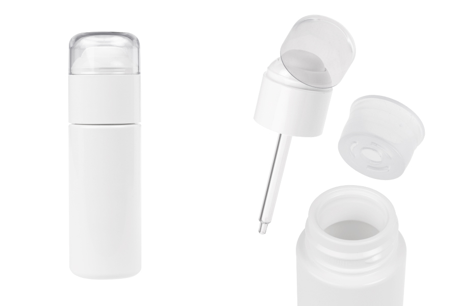 Πλαστικό (PETG) μπουκαλάκι σε λευκό χρώμα 50 ml με σταγονόμετρο και διάφανο καπάκι-εικόνα_προϊοντική