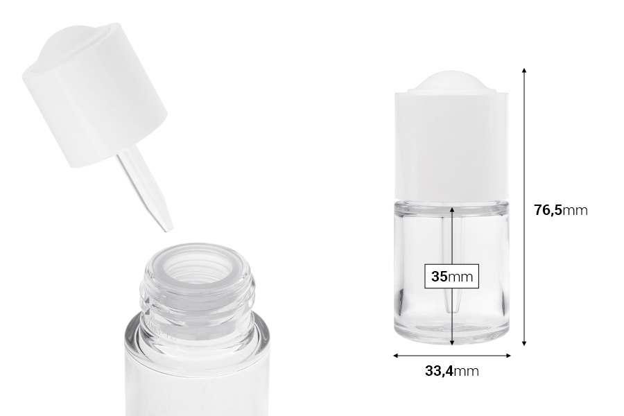 Kunststoffflasche (PETG) 20 ml mit weißer Pipette mit Knopf und Abtropffläche-bildabmessungen