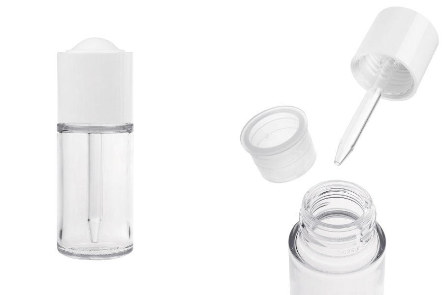 Flacon en plastique (PETG) de 30 ml avec compte-gouttes blanc avec bouton et égouttoir-photo_produit