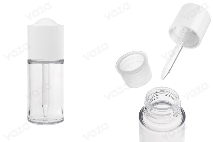 30-ml-Flasche aus Kunststoff (PETG) mit weißer Pipette mit Knopf und Abtropffläche-produktbild