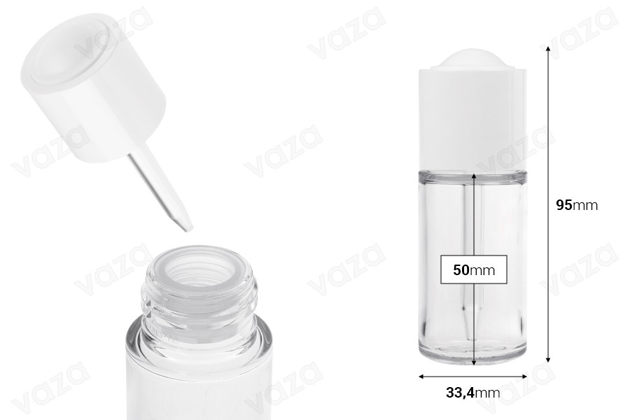 30-ml-Flasche aus Kunststoff (PETG) mit weißer Pipette mit Knopf und Abtropffläche-bildabmessungen