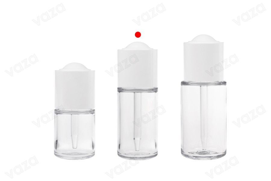 30-ml-Flasche aus Kunststoff (PETG) mit weißer Pipette mit Knopf und Abtropffläche-bildgruppe