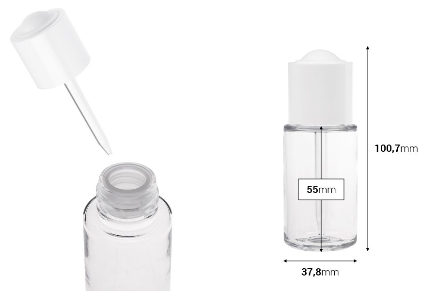 Flacone in plastica (PETG) da 50 ml con contagocce bianco con pulsante e sgocciolatoio-dimensioni_immagine
