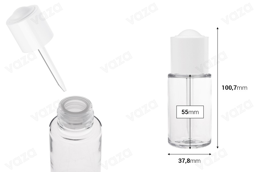 Plastic (PETG) bottle 50 ml with white dropper with button and drainer-image_dimensions