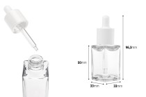 Plastic (PETG) transparent 30 ml square bottle with white dropper Plastic (PETG) transparent 30 ml square bottle with white dropper-image_dimensions