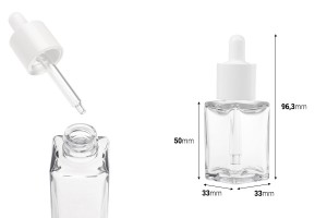 Flacon carré transparent en plastique (PETG) de 30 ml avec compte-gouttes et égouttoir blancs.-εικόνα_διαστάσεις