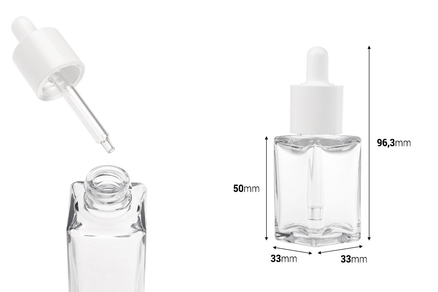 Plastic (PETG) transparent 30 ml square bottle with white dropper Plastic (PETG) transparent 30 ml square bottle with white dropper-image_dimensions