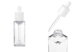 Flacone quadrato trasparente in plastica (PETG) da 50 ml con contagocce bianco e sgocciolatoio-εικόνα_προϊοντική