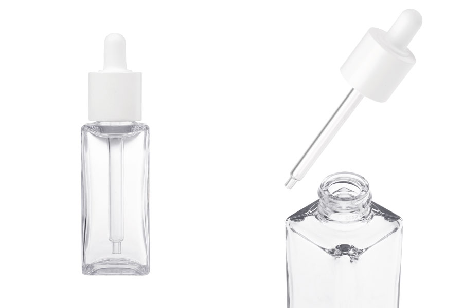 Πλαστικό (PETG) διάφανο μπουκαλάκι 50 ml σε τετράγωνο σχήμα με λευκό σταγονόμετρο-εικόνα_προϊοντική