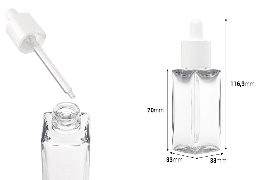 Πλαστικό (PETG) διάφανο μπουκαλάκι 50 ml σε τετράγωνο σχήμα με λευκό σταγονόμετρο-εικόνα_διαστάσεις