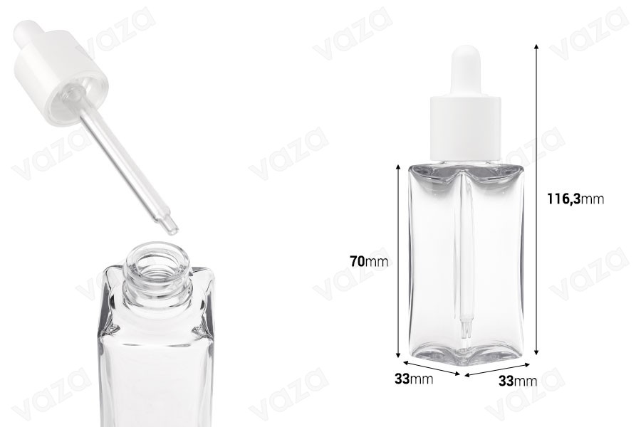 Πλαστικό (PETG) διάφανο μπουκαλάκι 50 ml σε τετράγωνο σχήμα με λευκό σταγονόμετρο και αποστραγγιστήρα-εικόνα_διαστάσεις