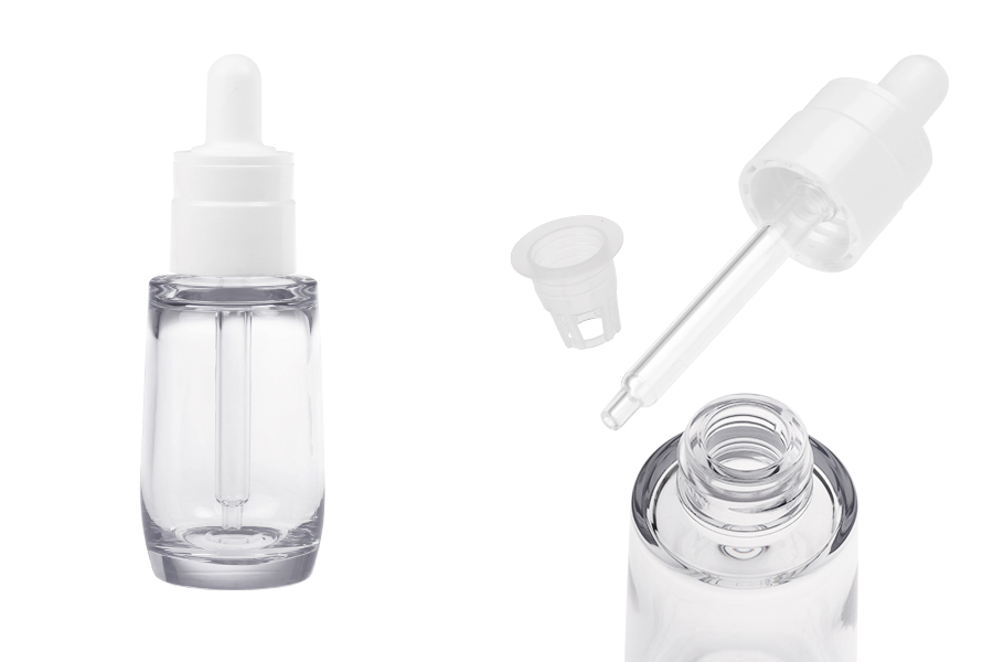 Plastic (PETG) transparent 30 ml bottle in cylindrical shape with white dropper and drainer-image_product