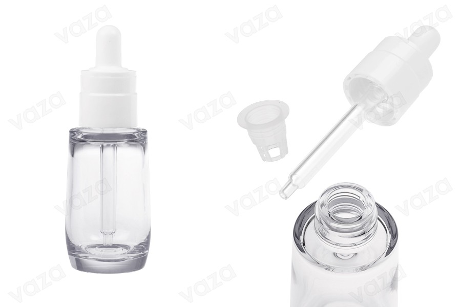 Πλαστικό (PETG) διάφανο μπουκαλάκι 30 ml σε κυλινδρικό σχήμα με λευκό σταγονόμετρο και αποστραγγιστήρα-εικόνα_προϊοντική