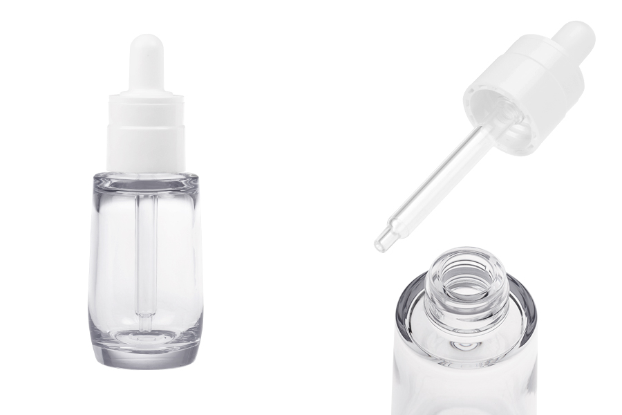 Transparente 30-ml-Flasche aus Kunststoff (PETG) in zylindrischer Form mit weißer Pipette-produktbild