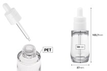 Plastic (PETG) transparent 30 ml bottle in cylindrical shape with white dropper and drainer-image_dimensions