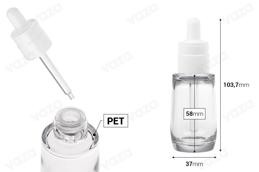 Πλαστικό (PETG) διάφανο μπουκαλάκι 30 ml σε κυλινδρικό σχήμα με λευκό σταγονόμετρο και αποστραγγιστήρα-εικόνα_διαστάσεις