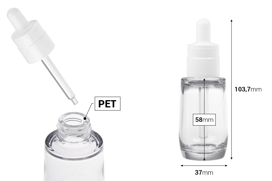 Transparente 30-ml-Flasche aus Kunststoff (PETG) in zylindrischer Form mit weißer Pipette-bildabmessungen